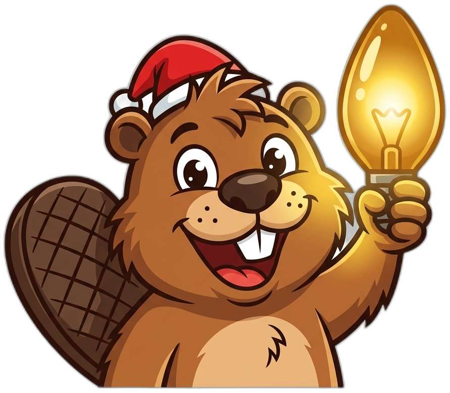 Beaver holding glowing commercial C9 bulb