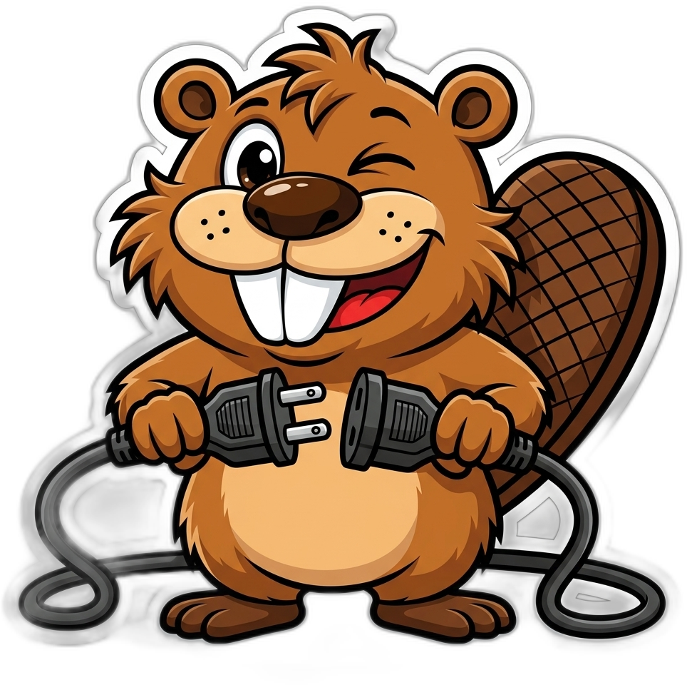 Beaver mascot holding unplugged Christmas lights