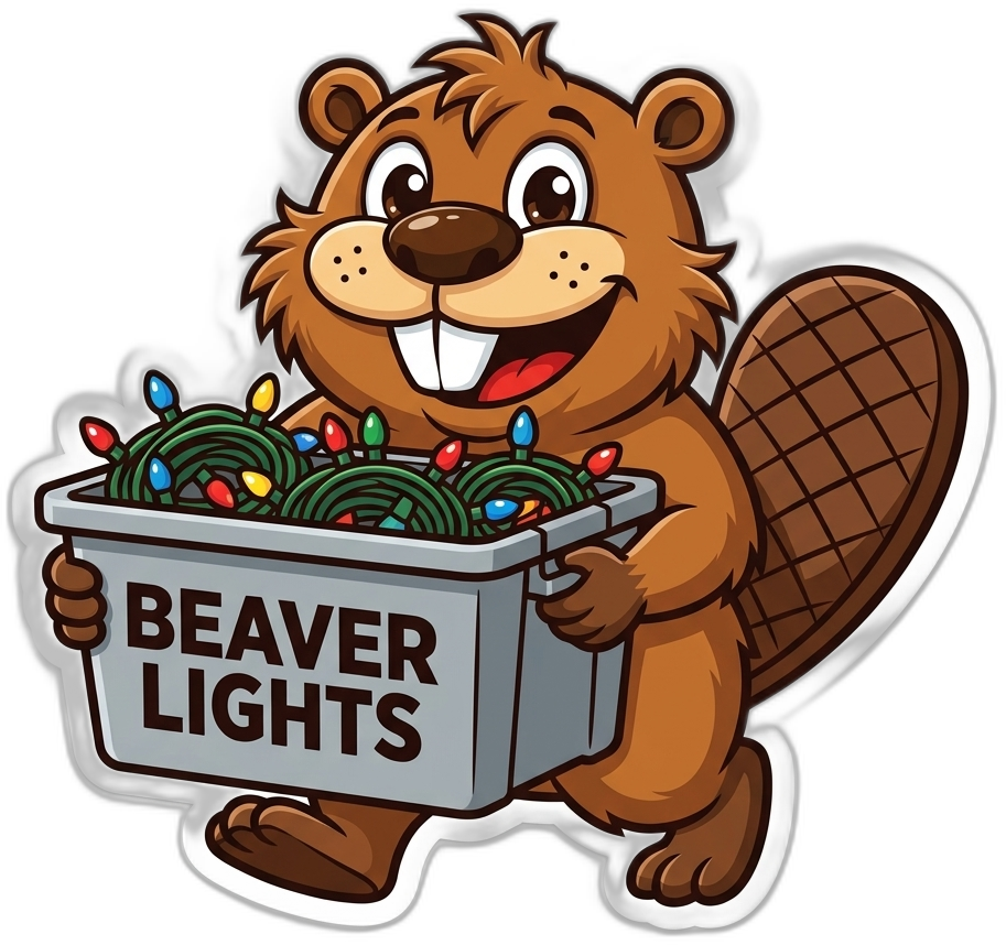 Beaver carrying labeled holiday storage crate