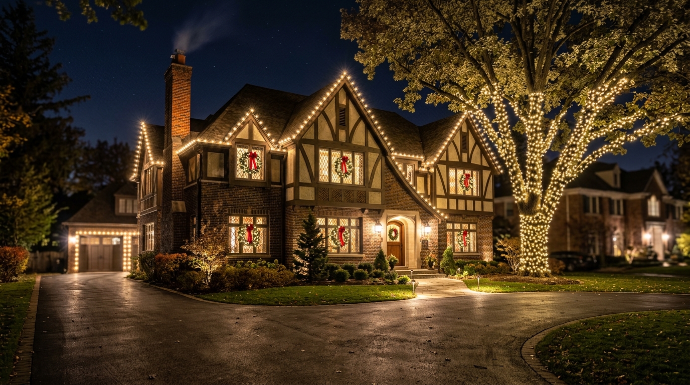 Tudor home holiday lighting in Vestavia Hills