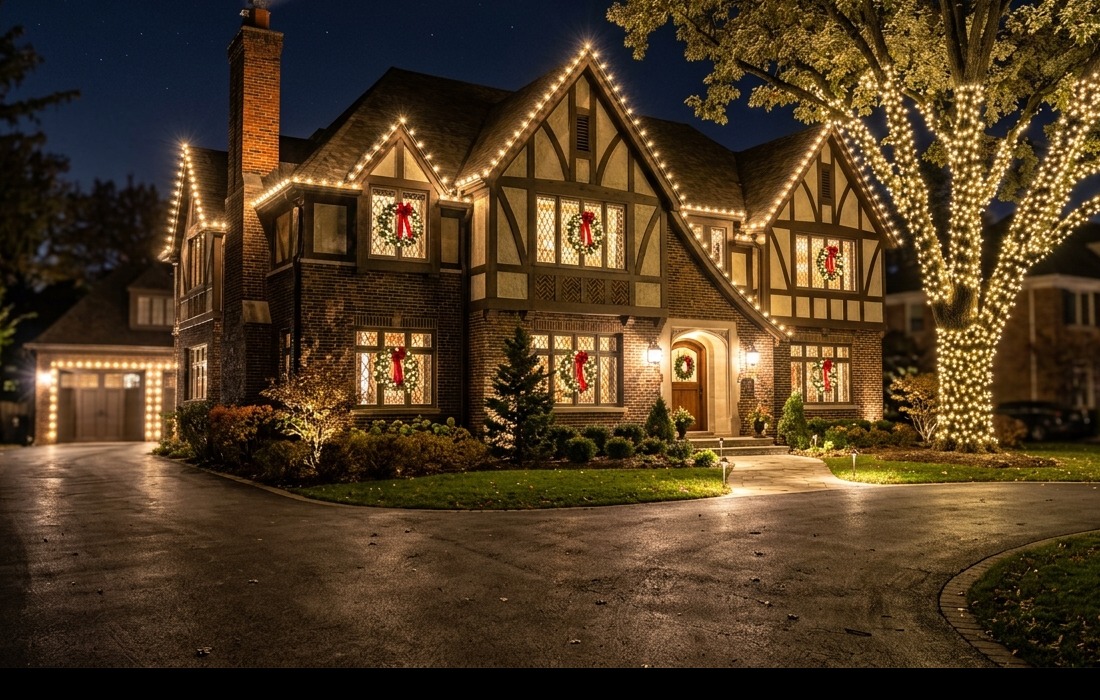 Tudor home decorated with custom Christmas lights and color accents